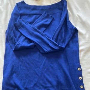 Boat neck rich blue colored sweater top with golden button details